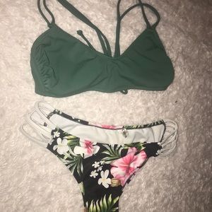 Green and floral bikini set